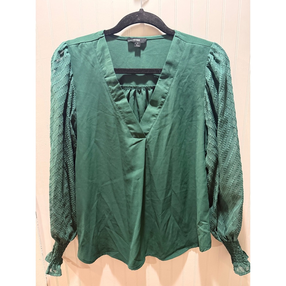 MINE Womens Green V-Neck Swiss Dot Balloon Sleeve Blouse Small